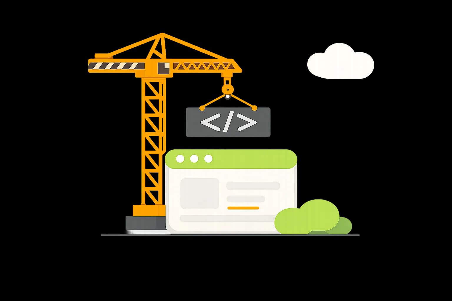 Illustration of a crane beside a website layout window.