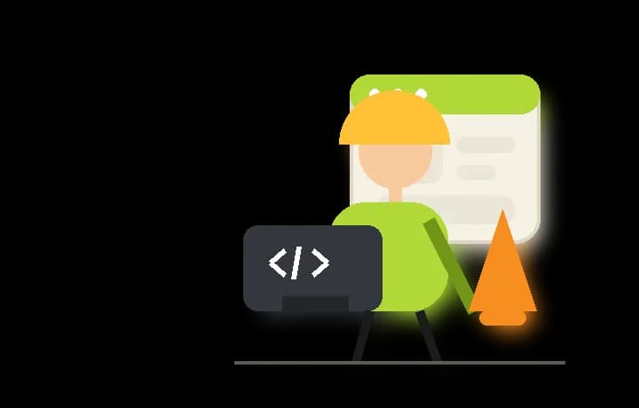 Illustration of a builder working on a website with a laptop.