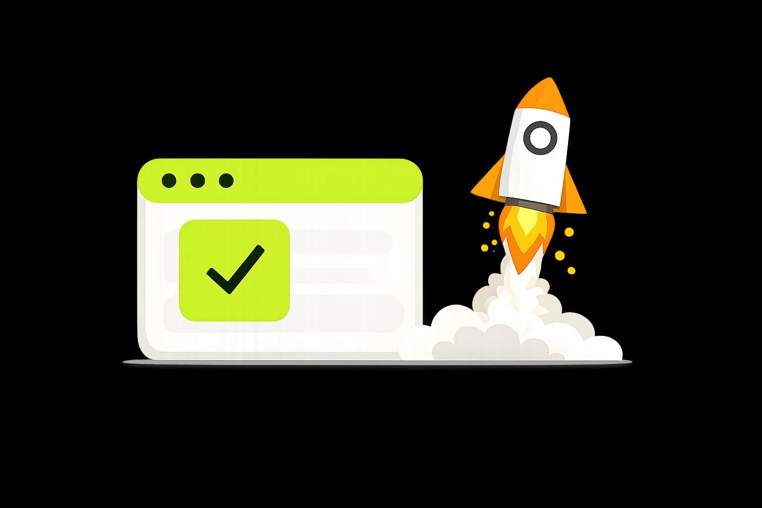 Illustration of a launched website window with a rocket taking off.